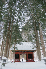 temple in snow forest at togakushi shrine, Japan