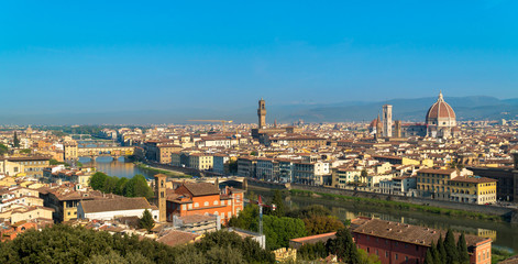 Florence, Tuscany / Italy: General view of the city as seen from Piazza Michelangelo, with the Ponte Vecchio and Santa Maria del Fiore