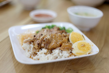 Stewed pork leg with rice and vegetable