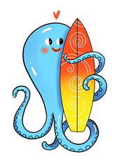 octopus and color surfboard illustration isolated on white background.