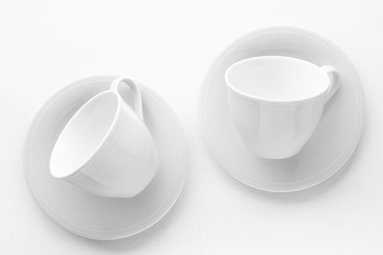 Empty Cup And Saucer Mockup On White Background, Flatlay