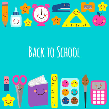Cute bright eye-catching Back to school banner design with colorful funny cartoon characters, education theme background