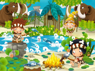 cartoon stone age scene with cavemen living and fishing with mammoths - illustration for the children
