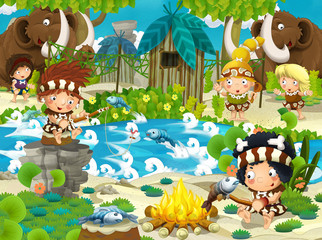 Naklejka premium cartoon stone age scene with cavemen living and fishing with mammoths - illustration for the children