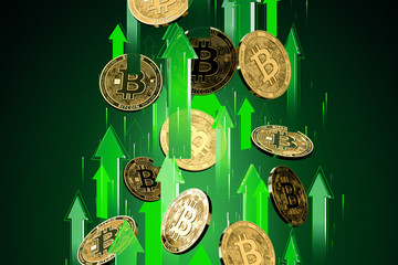 Green arrows shots up with high velocity as Bitcoin (BTC) price rises. Cryptocurrency prices grow, high risk - high profits concept. 3D rendering