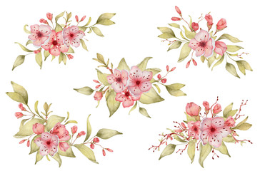 Obraz premium Sakura flowers watercolor illustration. Blossom petal bouquet 