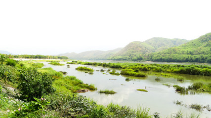 Fototapeta na wymiar River, Mountain, sky and sunlight. Concept : Biodiversity of the Mekong River, Thailand, Asian