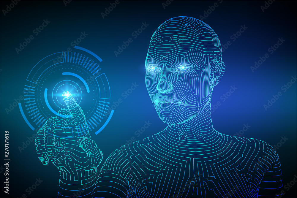 Poster wireframed female cyborg touching digital graph interface. ai. artificial intelligence concept. robo