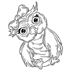 Cute Cartoon owl girl with a bow. Bird knowledge.  Hand drawn illustration for t-shirt print design, book, greeting card. The owl is made in black and white color. Child character. Funny owlet