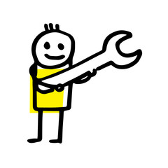 Stick figure character holds a wrench isolated on white.