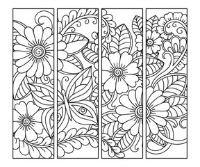 Bookmark for book - coloring. Set of black and white labels with floral doodle patterns, hand draw in mehndi style. Sketch of ornaments for creativity of children and adults with colored pencils.