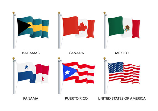 Realistic waving flags of North America continent. USA, Canada, Bahamas, Mexico, Panama, Costa Rico flag on flagpole. Patriotic symbols isolated vector illustration, eps 10