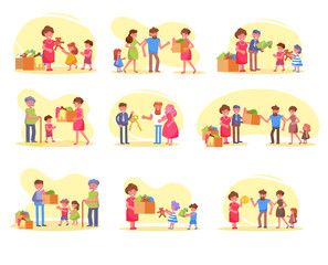 Fototapeta premium Charity Food, clothes, toys, boxes, volunteer, fund, poor Vector. Cartoon. Isolated art Set, collection