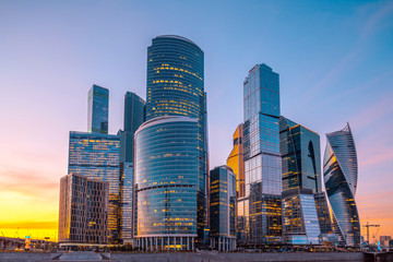 Skyscrapers of Moscow City business center at sunset, Russia.