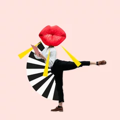 Door stickers Hotel Dancing office woman in classic suit like a ballet dancer headed by the big red female lips against trendy coral background. Negative space to insert your text. Modern design. Contemporary art collage