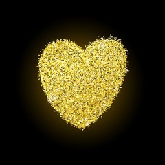 Vector hand drawn gold brush heart. Shiny color golden design element with glitter effect on black background. Gold sparkles heart for love card, exclusive, Valentine day, gift, present.