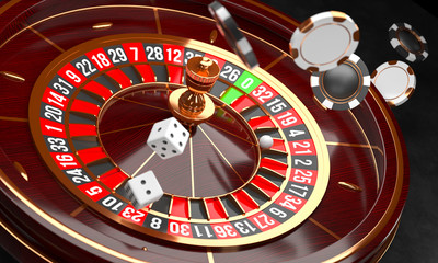Casino background. Luxury Casino roulette wheel on black background. Casino theme. Close-up white casino roulette with a ball, chips and dice. Poker game table. 3d rendering illustration.