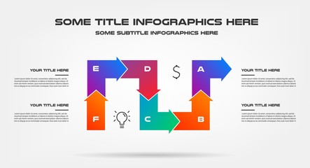 Icons infographics with arrows. Element of chart, graph, diagram with 6 options - parts, processes, timeline. Vector business template for presentation, workflow layout, annual report