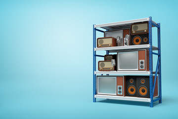Obraz premium 3d rendering of old retro radio and tv sets on silver blue metal rack shelves on blue background