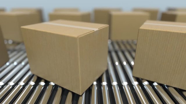 Blank carton boxes move on roller conveyors. Loopable 3D animation