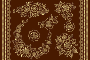 Set of Mehndi flower pattern and seamless border for Henna drawing and tattoo. Decoration in ethnic oriental, Indian style. Doodle ornament. Outline hand draw vector illustration.