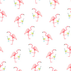 Seamless pattern of pink flamingo drinking cocktail.
