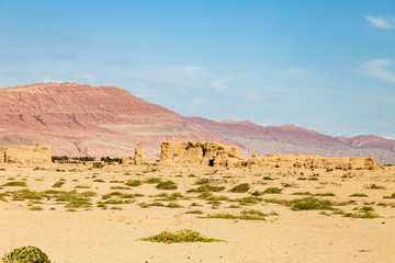Ruins of Gaochang, Turpan, China. Dating more than 2000 years, Gaochang and Jiaohe are the oldest and largest ruins in Xinjiang. The Flaming mountains are visible in the background