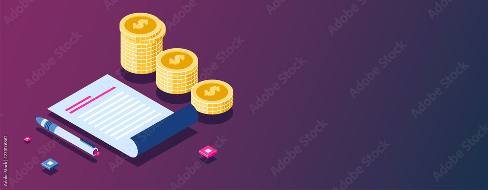 Poster business analytics and coins stack isometric concept. reporting document and automatical pen on the 
