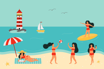 Summertime vector flat illustration. People on the beach. A woman sunbathes and reads a book. Play a beach ball. Take a selfie. Surfer girl on surfboard. Summer vacation banner design.