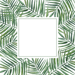 Fototapeta na wymiar Frame with palms leaves. Watercolor illustration.
