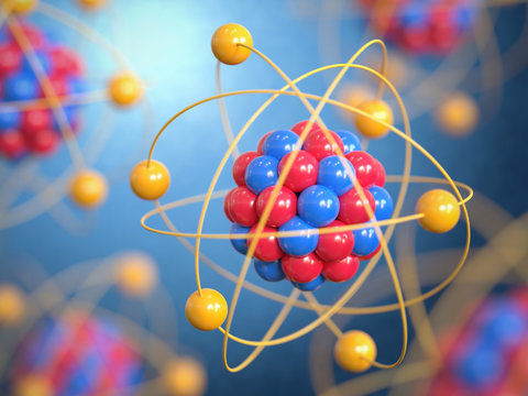 Atoms 3d rendering, protons neutrons and electrons