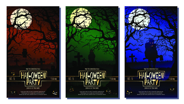 Halloween party invitation card set. Template for your design works. Vector illustration.