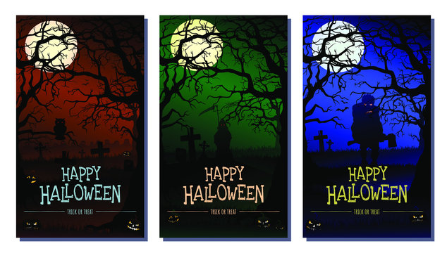 Halloween party invitation card set. Template for your design works. Vector illustration.