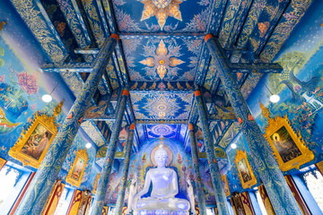 Fototapeta na wymiar Wat Rongseaten inside with blue painting and luxury architecture in Chiangrai Thailand