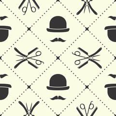 Barbershop seamless pattern with hipster face, hairdressing scissors and razor. Vector illustration.