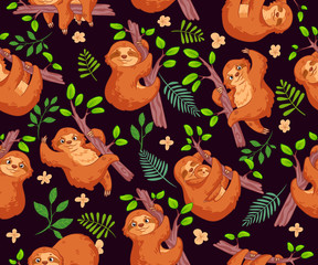 Cartoon sloths seamless pattern. Cute animal vector illustration. It can be used for sticker, patch, phone case, print, poster, baby shower design, t-shirt, holiday or party decor