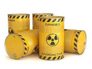 Radioactive waste yellow barrels with radioactive symbol 3d rendering