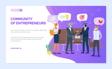 Community of entrepreneurs vector, fox and raccoon on meeting, hipster animals working at office, partnership and job secretary, handshaking. Website or webpage template, landing page flat style