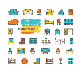 Furniture icons set. Line colored symbols. Vector icons