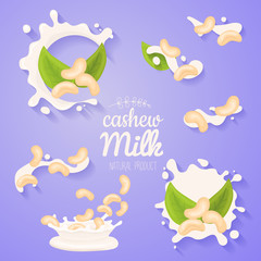 Cashew in milk splash. Big splash set. Vegan alternative organic filbert milk flow pour. Non dairy drink or yogurt.