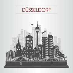 Düsseldorf Stadtbild Vektor mit Hochhäusern, Denkmälern, Brücke und Wahrzeichen für Reise, Konzept, Plaket, Flyer und Web - schwarz grau mit roter Schrift