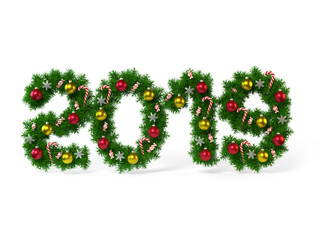 Year 2019 mad of Christmas garland with Christmas tree decorations, 3d rendering