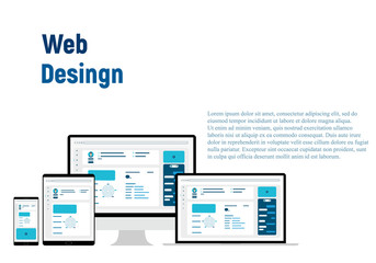 Web Design. Website template for monitor, laptop, tablet, phone. Elements for mobile and web applications. User Interface UI and User Experience UX content organization. landing page, banner.