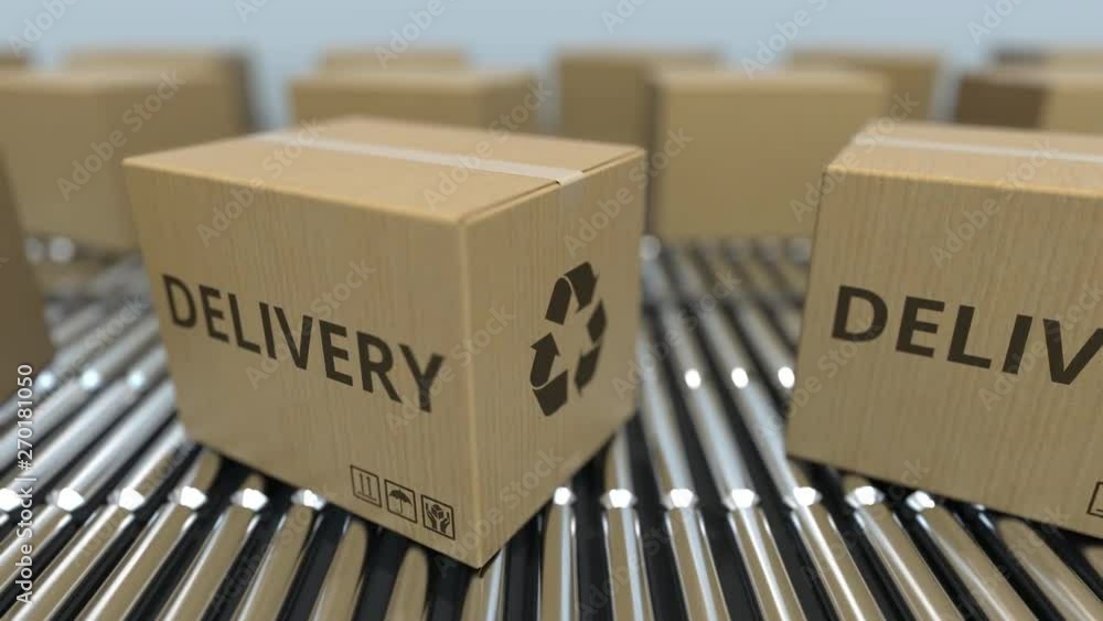 Aufkleber carton boxes with delivery text move on roller conveyor. loopable 3d animation
