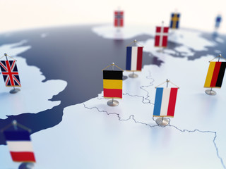 Flag of Belgium in focus among other European countries flags. Europe marked with table flags 3d...