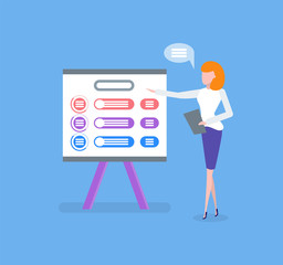 Infographic on whiteboard, woman giving presentation vector. Business plan on board with explanation from manager, presenter with clipboard explaining
