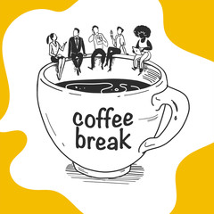Vector business illustration of office people company sitting on big coffee cup talking, eating, discussing, working isolated on white background.
