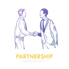 Vector illustration of business people shaking hands making a deal isolated on white background. Hand drawn sketch style. Partnership, office team work, consulting, support concept. Banner, web, app.
