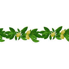 Watercolor hand drawn seamles bordure patteren with lemons and green leaves