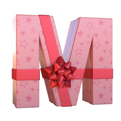 Gift box with red ribbon bow 3d font, present alphabet, letter M